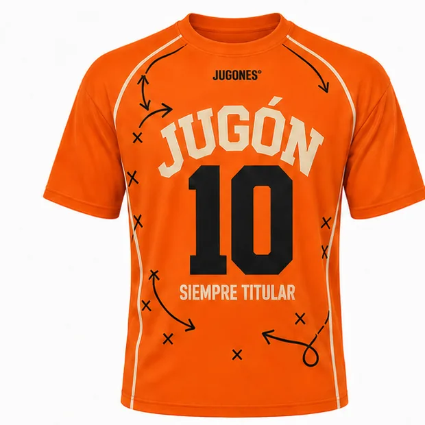 Camiseta Siempre Titular en Naranja competición, vista delantera con la palabra JUGÓN